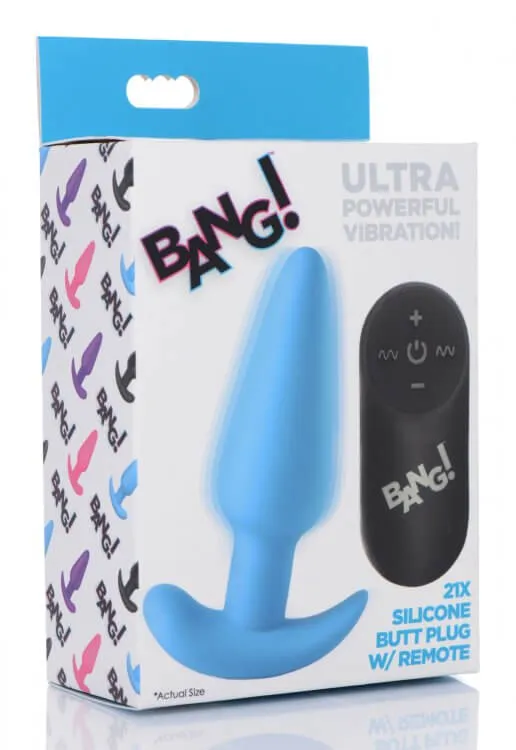Bang! 21X Vibrating Silicone Butt Plug with Remote Control Blue