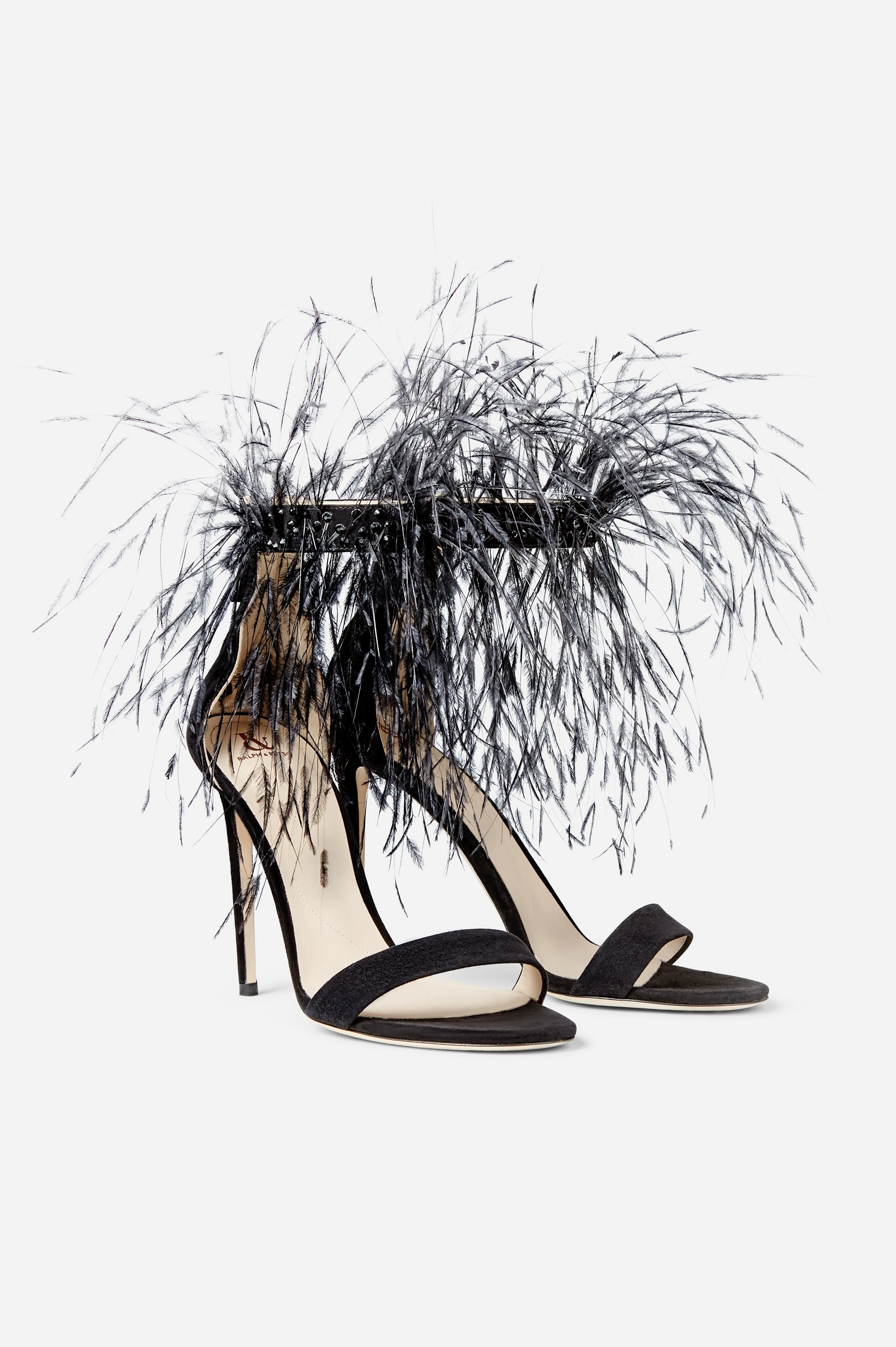Black Suede Strap Sandals with Feathers