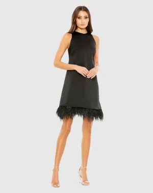 Feathered Hem High Neck Sleeveless A Line Dress