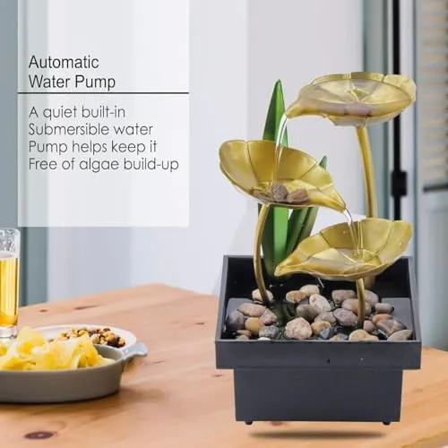 GKDARED Metal Tabletop Water Fountain - Decor Ornaments with Waterfall Desktop Lotus Fountains, Deep Basin and Natural River Rocks, Indoor Zen Relaxation for Office, Bedroom Decor Item (Golden, 1 PCS)