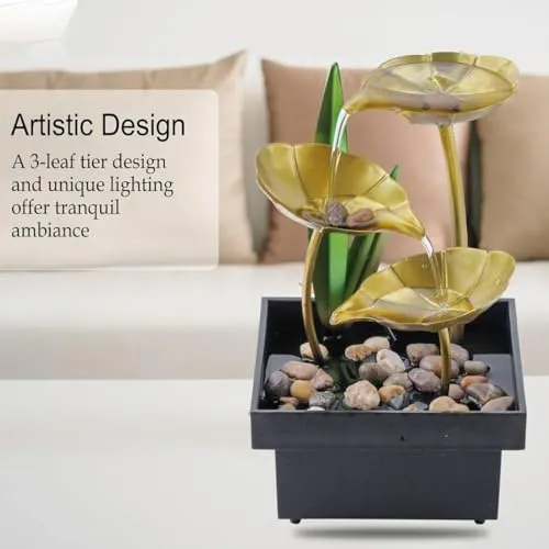 GKDARED Metal Tabletop Water Fountain - Decor Ornaments with Waterfall Desktop Lotus Fountains, Deep Basin and Natural River Rocks, Indoor Zen Relaxation for Office, Bedroom Decor Item (Golden, 1 PCS)