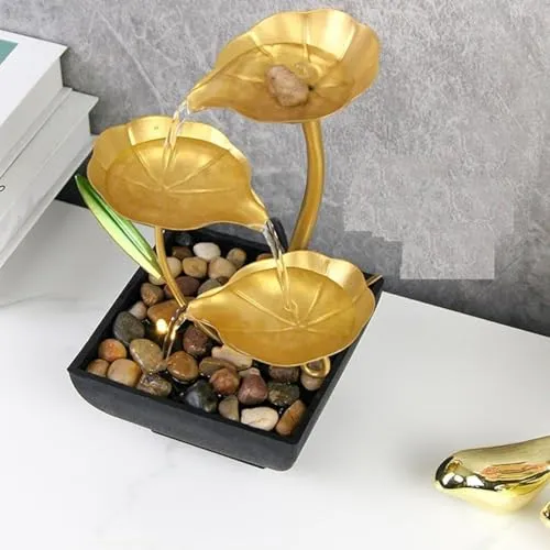 GKDARED Metal Tabletop Water Fountain - Decor Ornaments with Waterfall Desktop Lotus Fountains, Deep Basin and Natural River Rocks, Indoor Zen Relaxation for Office, Bedroom Decor Item (Golden, 1 PCS)