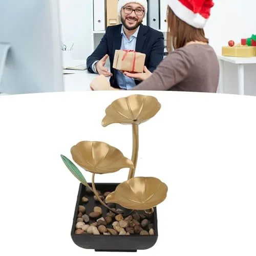 GKDARED Metal Tabletop Water Fountain - Decor Ornaments with Waterfall Desktop Lotus Fountains, Deep Basin and Natural River Rocks, Indoor Zen Relaxation for Office, Bedroom Decor Item (Golden, 1 PCS)