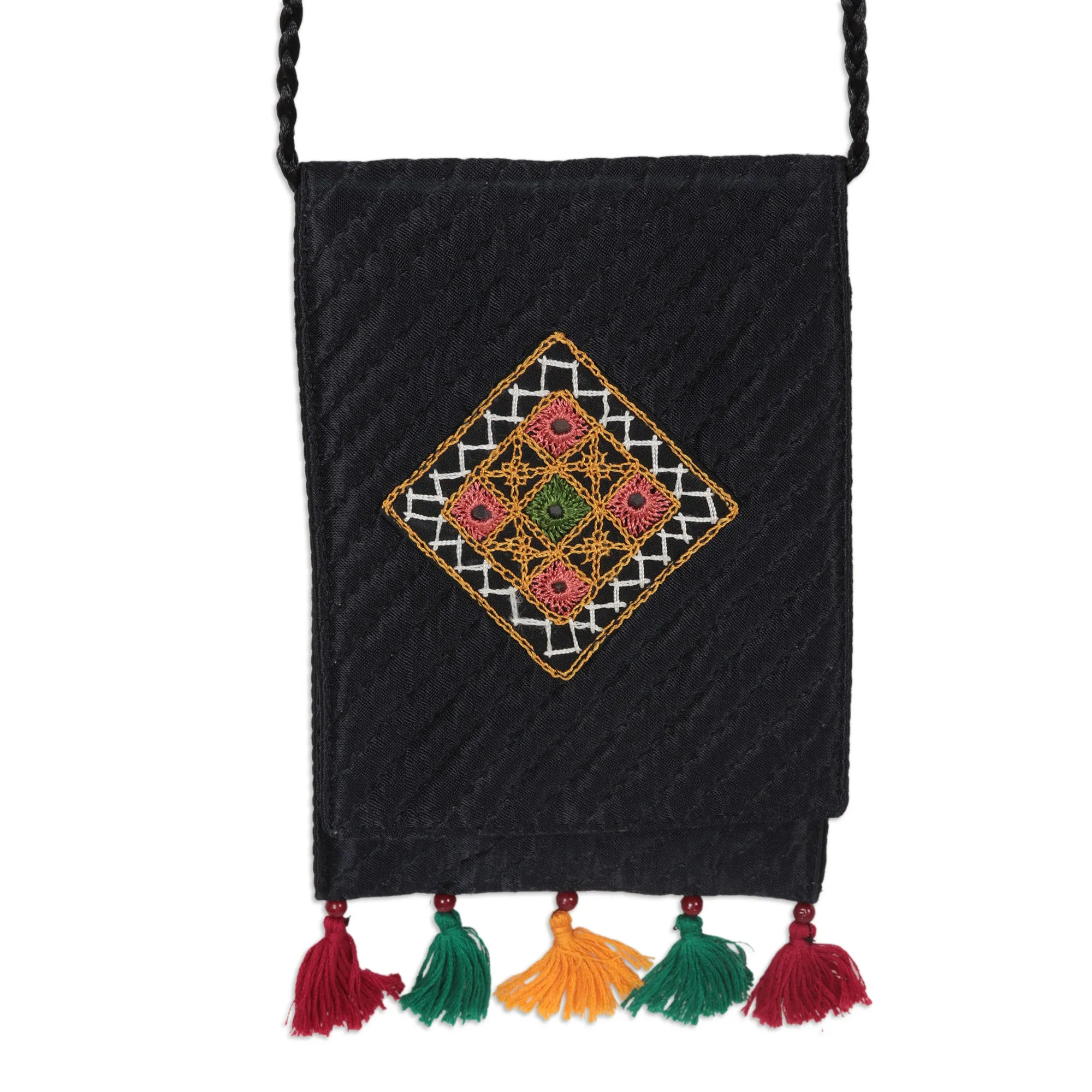 Handmade Embroidered Sling Bag with Tassels and Beads - Creative Appeal