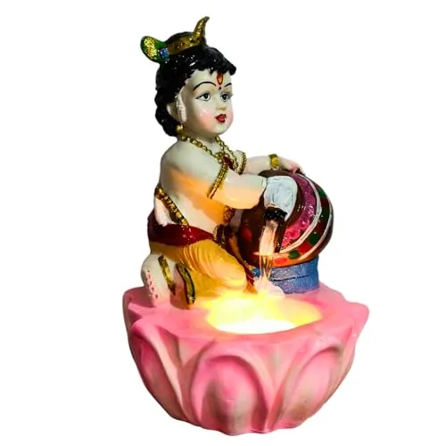 Holiness Craft Lord Krishna Ji Tabletop Waterfall Fountain Indoor Decoration, Makhanchor Krishna Fountain Waterfall with Led Light for Home Office Decor