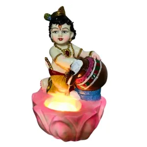 Holiness Craft Lord Krishna Ji Tabletop Waterfall Fountain Indoor Decoration, Makhanchor Krishna Fountain Waterfall with Led Light for Home Office Decor
