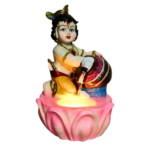 Holiness Craft Lord Krishna Ji Tabletop Waterfall Fountain Indoor Decoration, Makhanchor Krishna Fountain Waterfall with Led Light for Home Office Decor