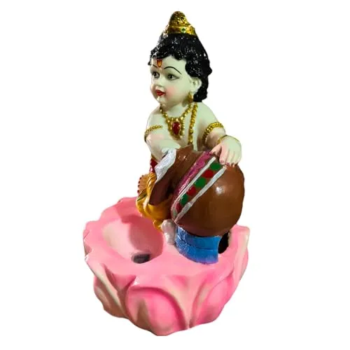 Holiness Craft Lord Krishna Ji Tabletop Waterfall Fountain Indoor Decoration, Makhanchor Krishna Fountain Waterfall with Led Light for Home Office Decor