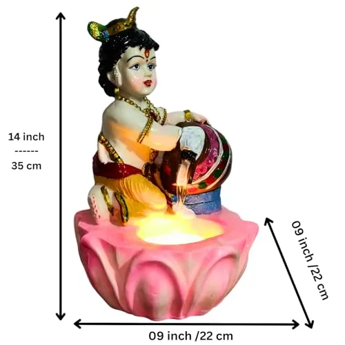 Holiness Craft Lord Krishna Ji Tabletop Waterfall Fountain Indoor Decoration, Makhanchor Krishna Fountain Waterfall with Led Light for Home Office Decor