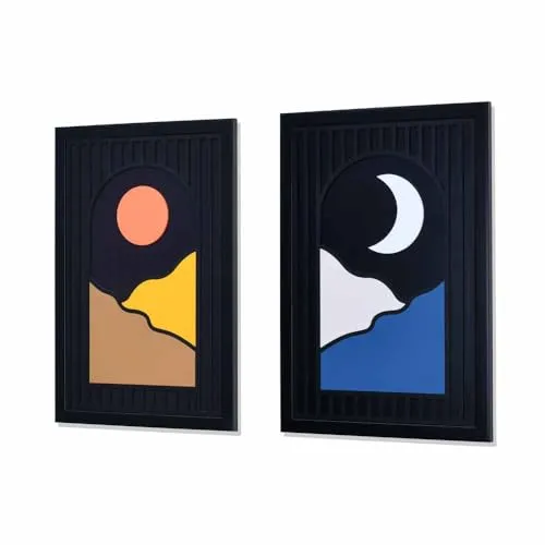 @home by Nilkamal Sun Moon 3D Painting |Ideal for Living Room, Bedroom, Office, Hotel and Restaurants |Set of 2 Wall Painting| 33.3 x 48 cm | Multicolor
