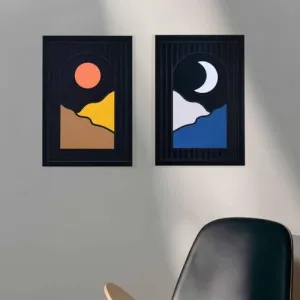 @home by Nilkamal Sun Moon 3D Painting |Ideal for Living Room, Bedroom, Office, Hotel and Restaurants |Set of 2 Wall Painting| 33.3 x 48 cm | Multicolor