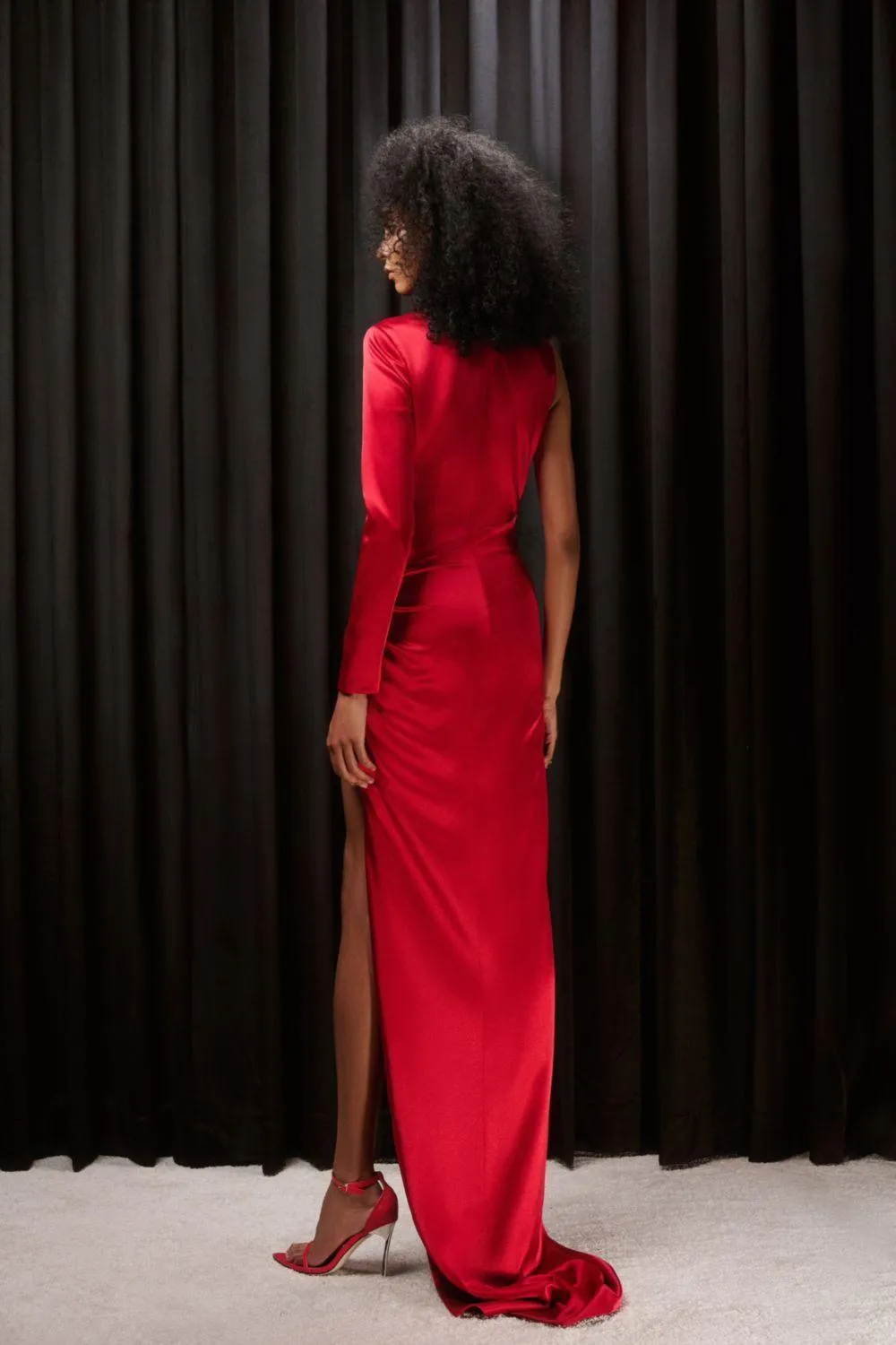 Kehlani Slit Asymmetric Sleeved Mesh Silk Floor Length Dress
