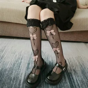Lace Heart-Patterned Fishnet Stockings
