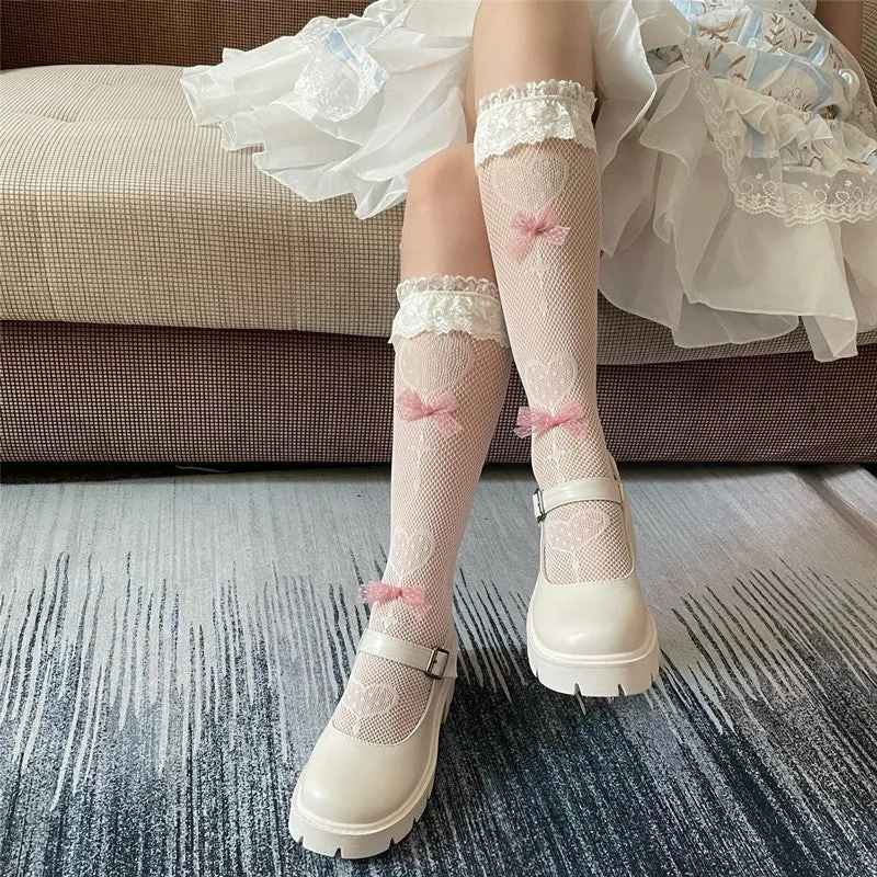 Lace Heart-Patterned Fishnet Stockings