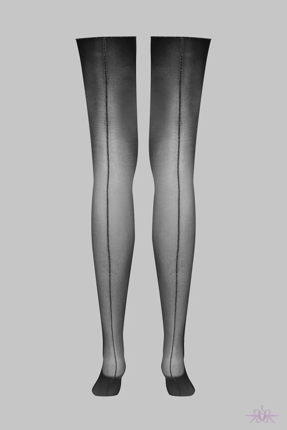 Maison Close Sheer Cut and Curled Lurex Silver Seamed Stockings