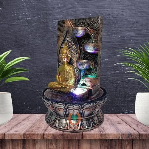 Merupam Buddha Idol Tabletop Waterfall Fountain Meditation Relaxing Indoor Decoration, Zen Fountain for Home, Office, Bedroom Decoration Temple Decoration (M-TFM-G-10)