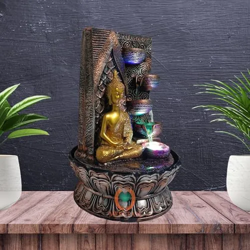 Merupam Buddha Idol Tabletop Waterfall Fountain Meditation Relaxing Indoor Decoration, Zen Fountain for Home, Office, Bedroom Decoration Temple Decoration (M-TFM-G-10)