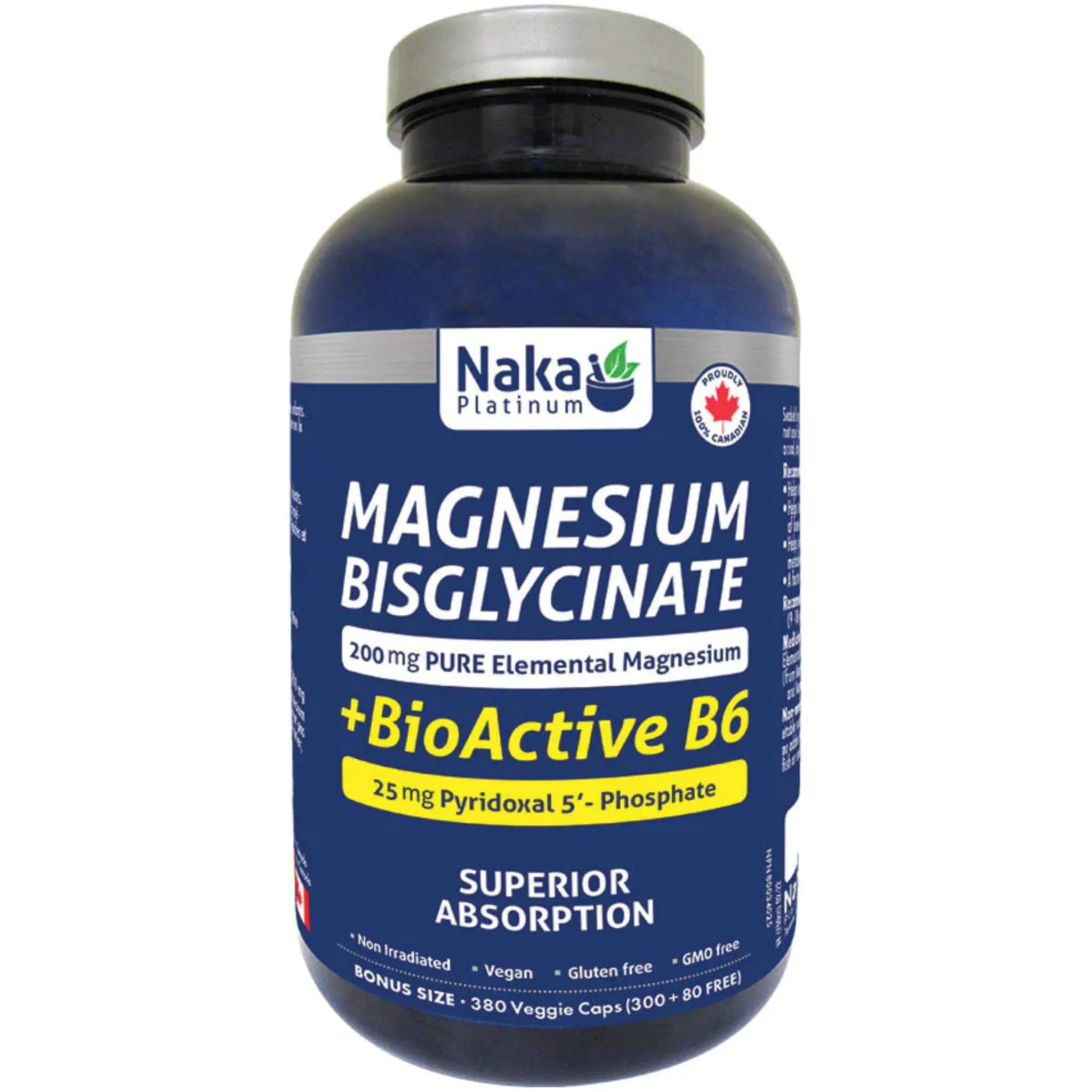 Naka Platinum Magnesium Bisglycinate 200mg Plus BioActive B6, 380 Capsules