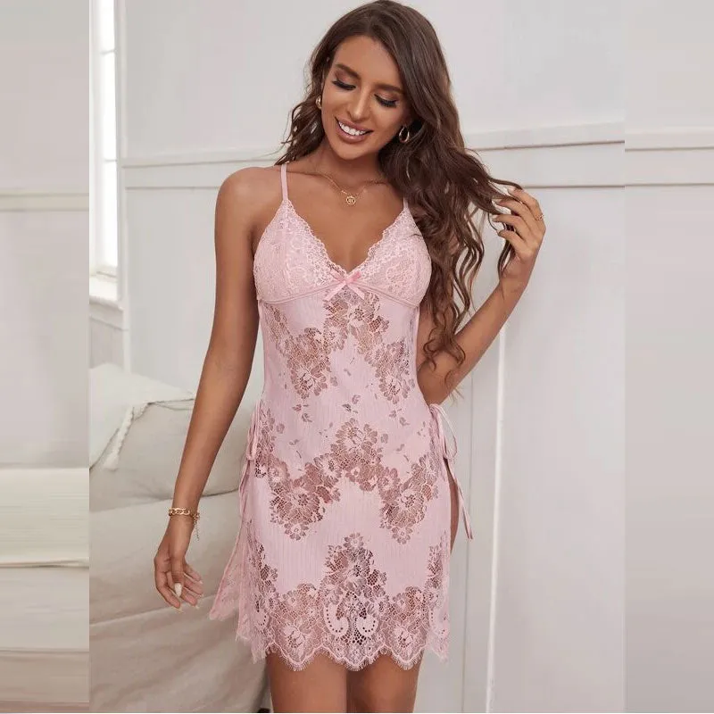 New Red & White & Black Sexy Lace Thin Halter Cross Transparent Sling Nightdress
