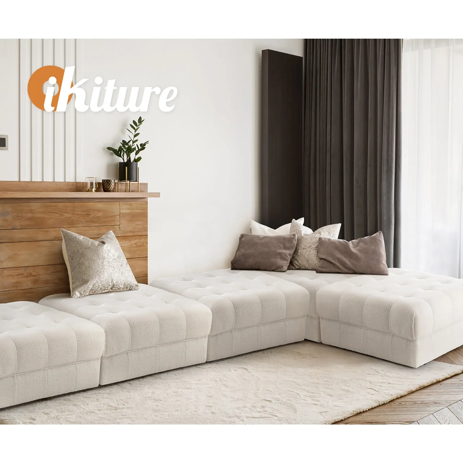 Oikiture 1 Seater Boucle Modular Ottoman Lounge Chair Armless TOFU White