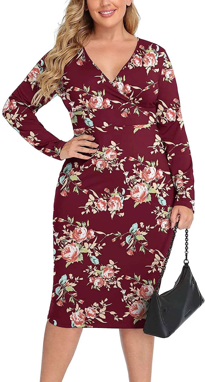 Plus Size Wine Red Silky Stretch Bodycon Wrap Midi Dress