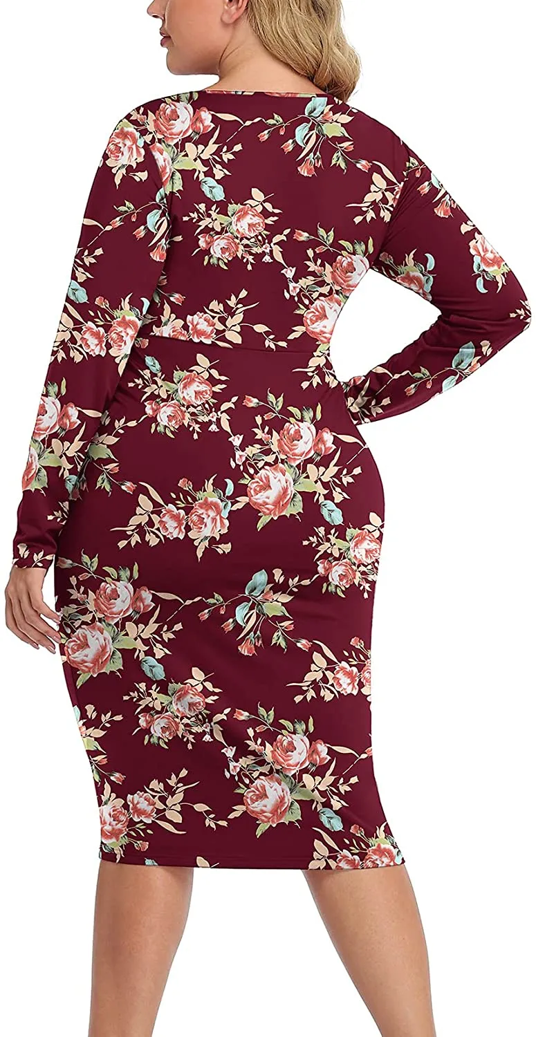 Plus Size Wine Red Silky Stretch Bodycon Wrap Midi Dress