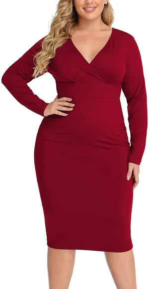 Plus Size Wine Red Silky Stretch Bodycon Wrap Midi Dress