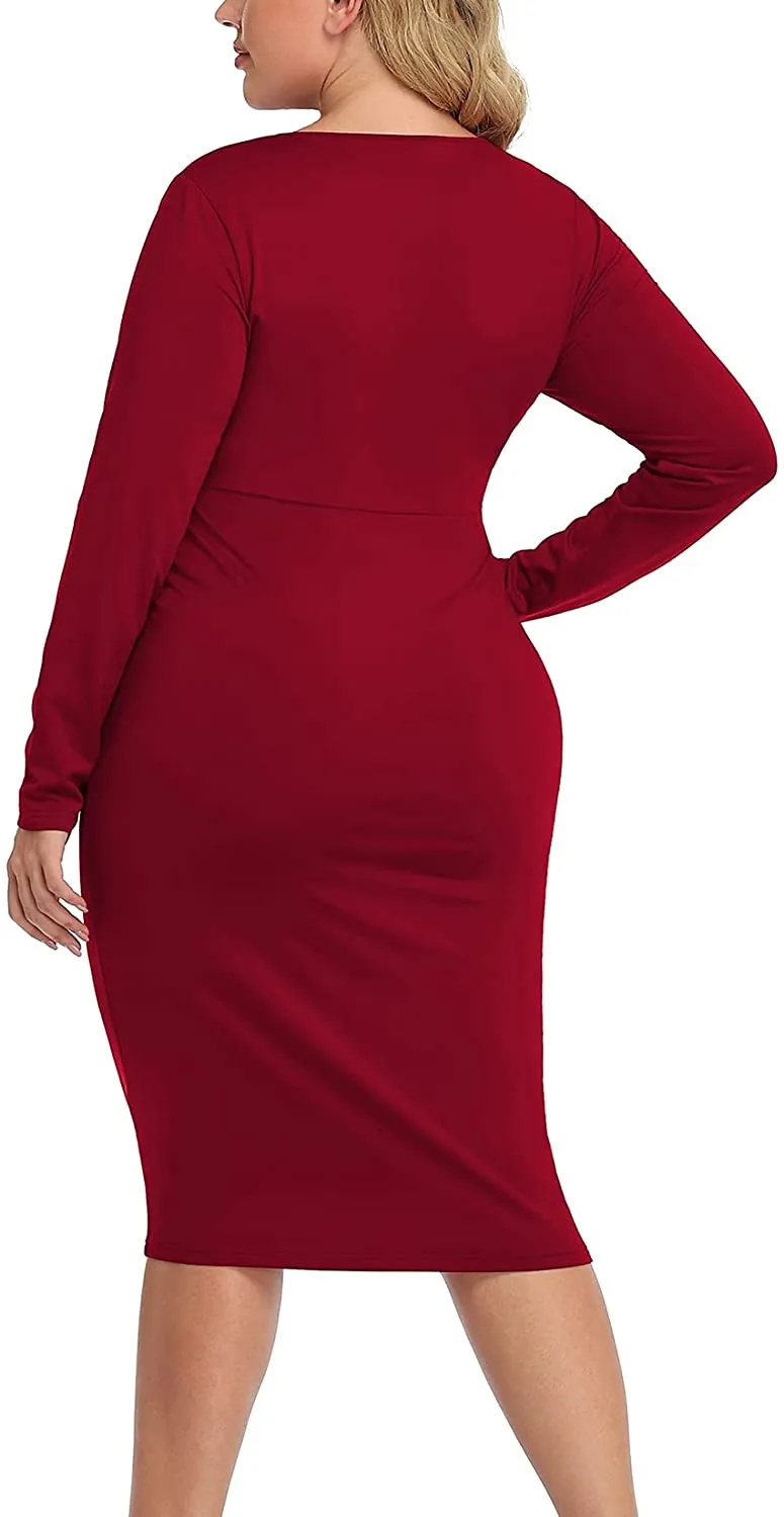 Plus Size Wine Red Silky Stretch Bodycon Wrap Midi Dress