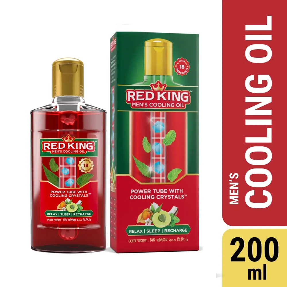 Red King Men’s Cooling Oil with 18 Natural Ingredients, Amla & Menthol Crystals, Gives Calm, Cooling Effect, Relieves Headache, Stress, Fatigue, Helps Relax, Recharge & Sleep (200ml)